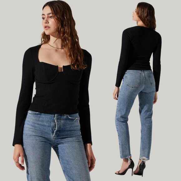 ASTR The Label Long Sleeve Cupped Knit Bust Knit Top in Black - Picture 1 of 6